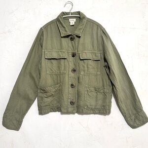 Nicole Miller Olive Linen Blend Utility Jacket Cropped Lightweight Workwear M